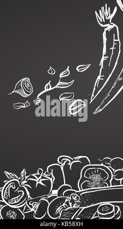 Bunch of vegetables on chalkboard. Hand drawn healthy food sketch. Black and White Vector Drawing on Blackboard. Stock Vector