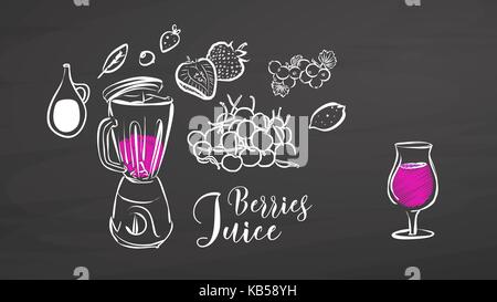 Berries juice drawing on chalkboard. Hand drawn healthy food sketch. Black and White Vector Drawing on Blackboard. Stock Vector