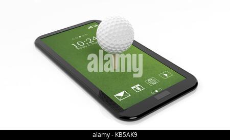 Golf ball on green tablet screen,isolated on white background Stock Photo