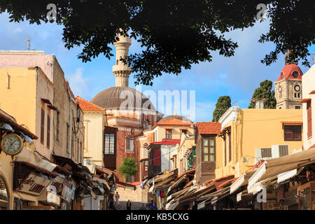 Socrates Street with Suleymaniye Mosque, Medieval Rhodes Town, UNESCO, Rhodes, Dodecanese Islands, Greek Islands, Greece Stock Photo