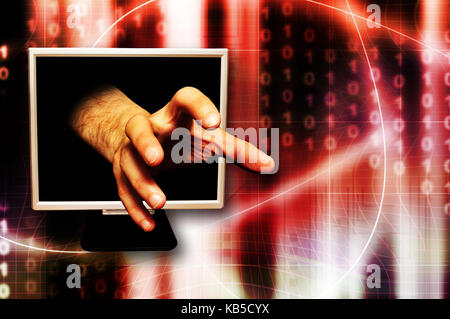 hand coming out of a computer monitor as for grabbing something, identity theft and internet crime concept Stock Photo