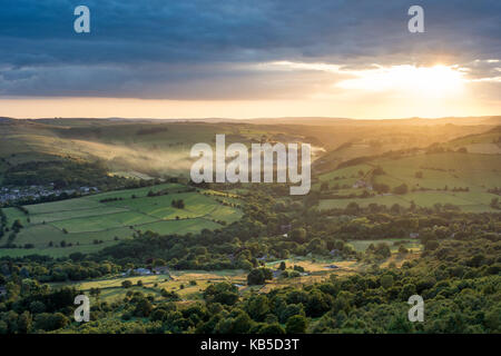 View from Curbar Edge looking towards Calver, evening light, Dark Peak, Peak District National Park, Derbyshire, England, UK Stock Photo