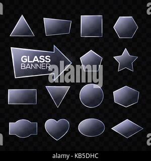Glass plates set. Triangle, square, rectangle, round, oval, hexagon, pentagon, star, heart, arrow, circle shaped textured frames with glow and light. Technology banners. Realistic vector illustration. Stock Vector