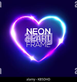 Night Club Neon Heart Sign. 3d Retro Light Signboard With Shining Neon Effect. Techno Frame With Glowing On Dark Blue Backdrop. Electric Street Banner Design. Colorful Vector Illustration in 80s Style Stock Vector