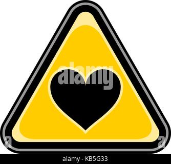 Use it in all your designs. Quick and easy recolorable vector illustration. Yellow and black triangular sticker with heart sign. Triangle hazard Stock Vector