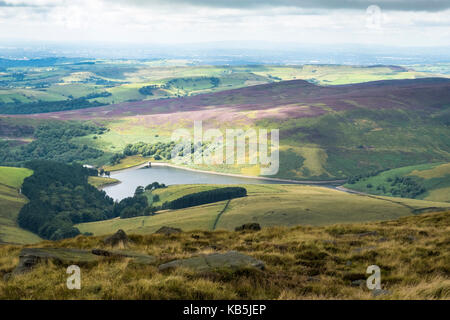 UK landscape. View west over Kinder Reservoir and the surrounding area with Manchester in the distance, from Kinder Scout, Derbyshire, England, UK Stock Photo