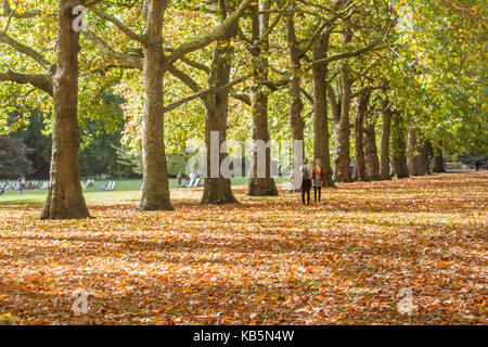 London, UK. 28th Sep, 2017. UK weather. People walk amongst a carpet of leaves in Saint James Park on a sunny day autumn day in London Credit: amer ghazzal/Alamy Live News Stock Photo