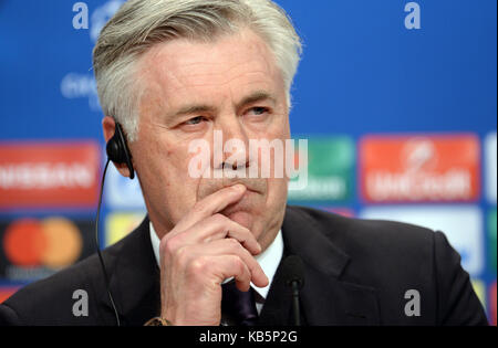 Munich, Germany. 14th Feb, 2017. Munich's headcoach Carlo Ancelotti sits during a press conference before the Champions League match against FC Arsenal at the Allianz Arena in Munich, Germany, 14 February 2017. Credit: Andreas Gebert/dpa | usage worldwide/dpa/Alamy Live News Stock Photo