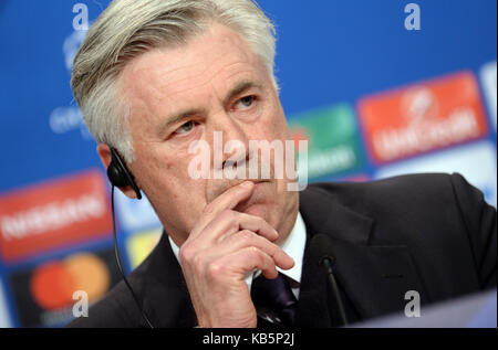 Munich, Germany. 14th Feb, 2017. Munich's headcoach Carlo Ancelotti sits during a press conference before the Champions League match against FC Arsenal at the Allianz Arena in Munich, Germany, 14 February 2017. Credit: Andreas Gebert/dpa | usage worldwide/dpa/Alamy Live News Stock Photo