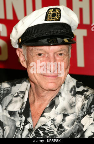 West Hollywood, CA, USA. 3rd Aug, 2006. 27 September 2017 - Hugh Marston Hefner aka ''Hef'' was an American magazine publisher, editor, businessman, and international playboy best known as the editor-in-chief and publisher of Playboy magazine, which he founded in 1953. Hefner was the founder and chief creative officer of Playboy Enterprises, the publishing group that operates the magazine. Hefner was also a political activist and philanthropist. File Photo: 3 August 2006 - West Hollywood, California. Hugh Hefner. ''The Girls Next Door'' DVD and Magazine Signing at Tower Records. Photo Cred Stock Photo