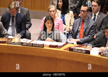 UN, New York, USA. 28th Sep, 2017. US Ambassador Nikki Haley spoke about Myanmar crisis of Rohingya refugees in Bangladesh in UN Security Council. Credit: Matthew Russell Lee/Alamy Live News Stock Photo