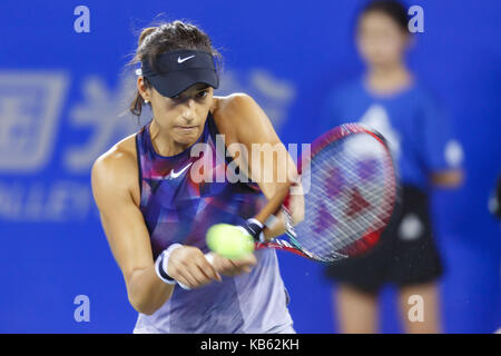 Wuhan, Wuhan, China. 28th Sep, 2017. Wuhan, CHINA-28th September 2017: (EDITORIAL USE ONLY. CHINA OUT).French professional tennis player Caroline Garcia defeats Russian professional tennis player Ekaterina Valeryevna Makarova at the Wuhan Open in Wuhan, central China's Hubei Province, September 28th, 2017. Credit: SIPA Asia/ZUMA Wire/Alamy Live News Stock Photo