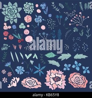 Set of romantic embroidery style flowers and leaves in pastel colors Stock Vector