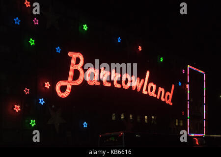 Neon signage illuminated at night on the front of the Barrowland Ballroom, Gallowgate, Glasgow, Scotland Stock Photo