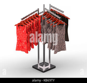 woman clothes hanging on a rack, isolated on withe. 3d illustration Stock Photo