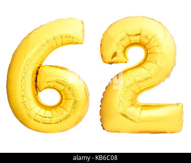 Golden number 62 sixty two made of inflatable balloon Stock Photo