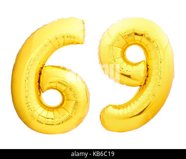 Golden number 69 sixty nine made of inflatable balloon Stock Photo