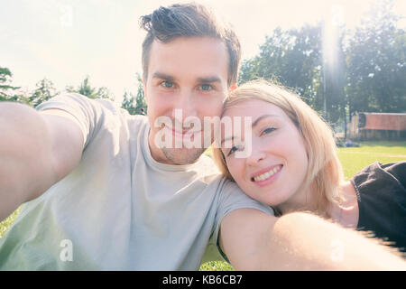 Happy young couple making selfie Stock Photo