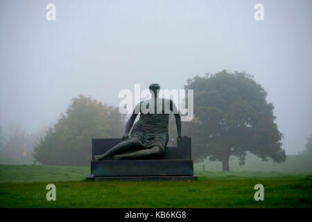 Henry Moore's Draped Seated Woman on her final day at Yorkshire Sculpture Park, West Yorkshire, UK. Stock Photo