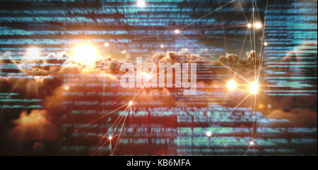 Glowing dots with connecting lines over clouds against blue texts Stock Photo