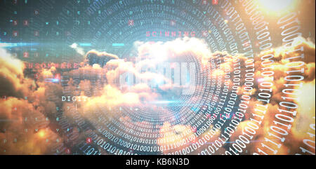 Spiral of shiny binary code against composite image of image of malware detected server and orange cloudy sky Stock Photo