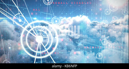 Binary codes and lines against image of malware detected server over cloudy sky Stock Photo
