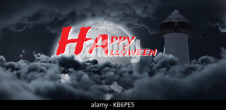 Graphic image of Happy Halloween text against half moon shining between clouds and structure Stock Photo