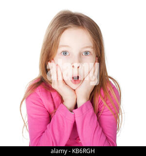 Cute little girl in red shirt holding hands to face in surprise isolated on white background Stock Photo