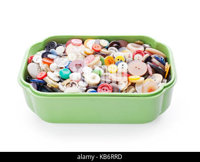 sewing buttons in green plastic casket isolated on white background Stock Photo