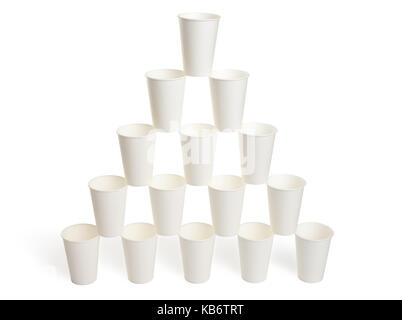 Pyramid of white disposable paper cups isolated on white background Stock Photo