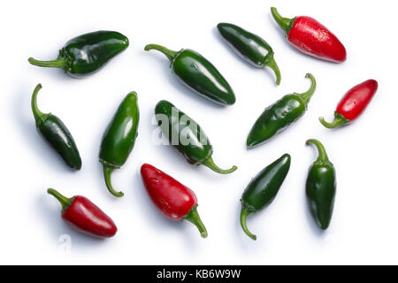 Jalapeno chile peppers (C. annuum, TAM Mild), red and green pods. Top view, shadows separated Stock Photo