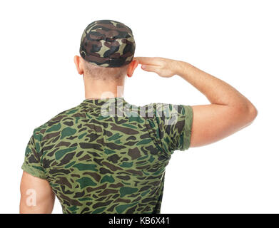 Back view of army soldier saluting isolated on white background Stock Photo