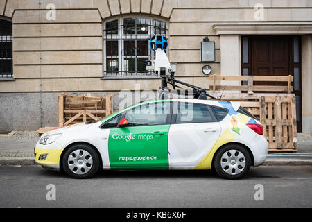 Berlin, Germany - September 27, 2017: The Google maps / Google Street view car with 360° camera on the street. Stock Photo