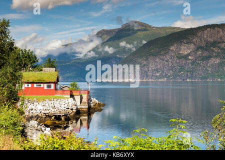 house wth vegetation plants and flowers on the roof at the eidfjord in norway Stock Photo