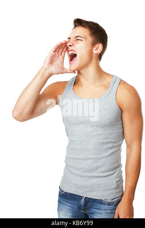 Young man wearing T-shirt shouting isolated on white background Stock Photo