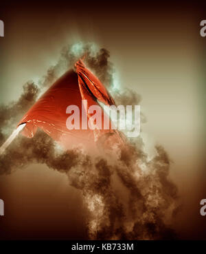 Digitally enhanced image of the red communist movement flag flying high during a protest Stock Photo
