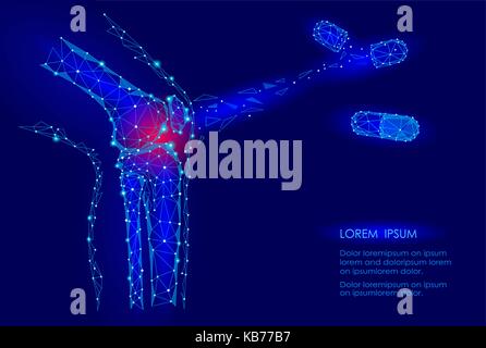 Human knee joint 3d model vector illustration. Low poly design future technology cure pain treatment. Blue background and red injury man body leg medicine drug capsule marketing banner template Stock Vector