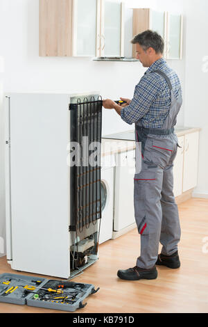 Cropped image of serviceman working on fridge with screwdriver at home Stock Photo