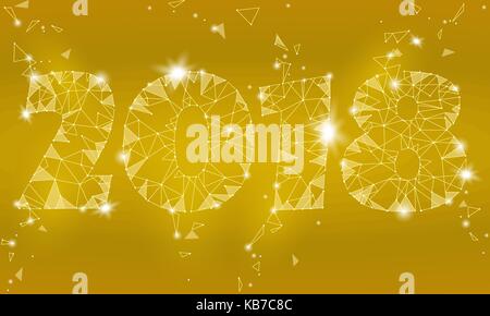 Geometric polygonal 2018 New Year Greeting card. Low poly triangle future technology yellow golden metalic background. Corporate business design vector illustration Stock Vector