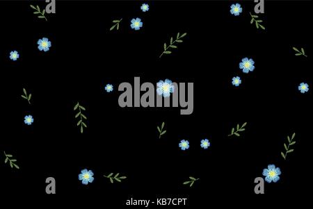 Branches leaves twigs grass herbs seamless pattern. Embroidery vector blue flower decoration textile print illustration on black background Stock Vector