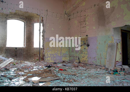 Destroyed warehouse – part of ruined factory hall. Forgotten industrial building. Stock Photo