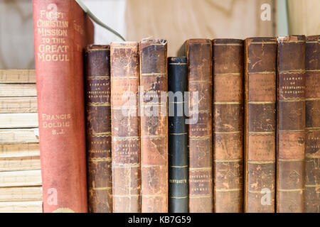 Old Irish theology books in a library specialising in Irish History. Stock Photo