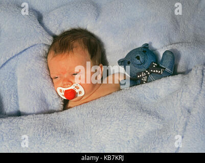A two-week old baby girl holds her toy teddy bear as she takes a nap in a blue blanket. Stock Photo