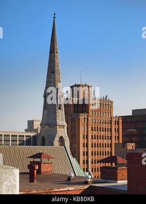 Syracuse, New York, USA. September 27, 2017. View of the steeple of the Cathedral of the Immaculate Conception and buildings in downtown Syracuse, New Stock Photo