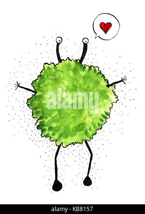 Cute lovely furry green monster illustration. Cartoon ink character design for kids Stock Photo