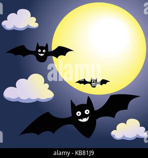 Bat with Moon and Clouds on Night Sky background, for Halloween concept-Vector Illustration. Stock Vector