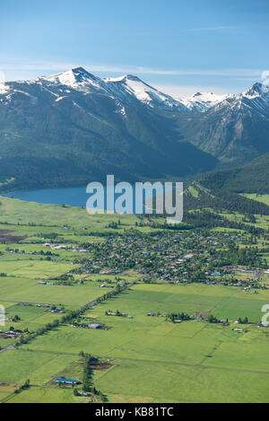 Aerial view of the town of Joseph, Wallowa Lake and the Wallowa Mountains in Northeast Oregon. Stock Photo