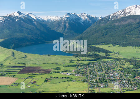 Aerial view of the town of Joseph, Wallowa Lake and the Wallowa Mountains in Northeast Oregon. Stock Photo