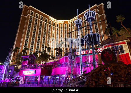 A  nighttime view of the Treasure Island Hotel and Casino on Las Vegas Blvd in Las Vegas, Nevada. Stock Photo