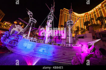 A  nighttime view of the Treasure Island Hotel and Casino on Las Vegas Blvd in Las Vegas, Nevada. Stock Photo
